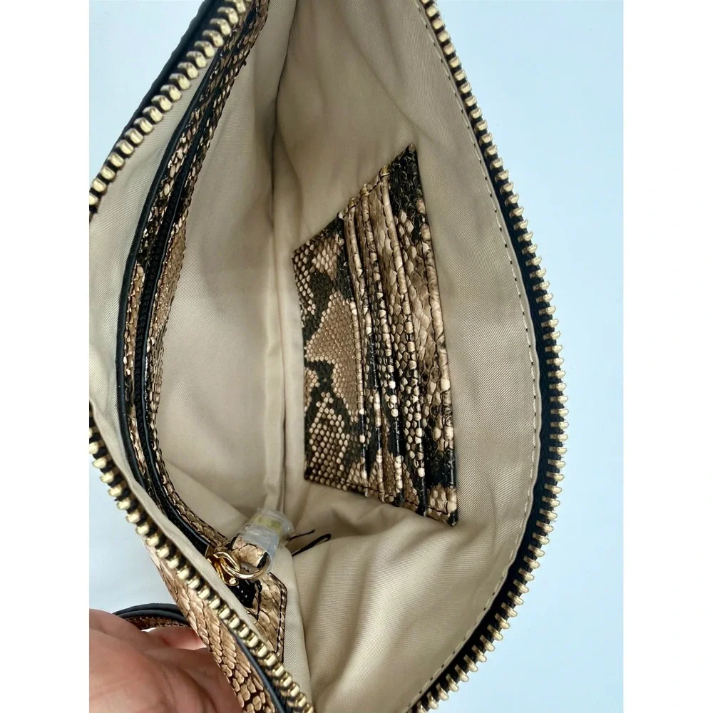 Snakeskin Print Wristlet Clutch Bag Brown Tan Faux Leather Zip Top Card Slots‎